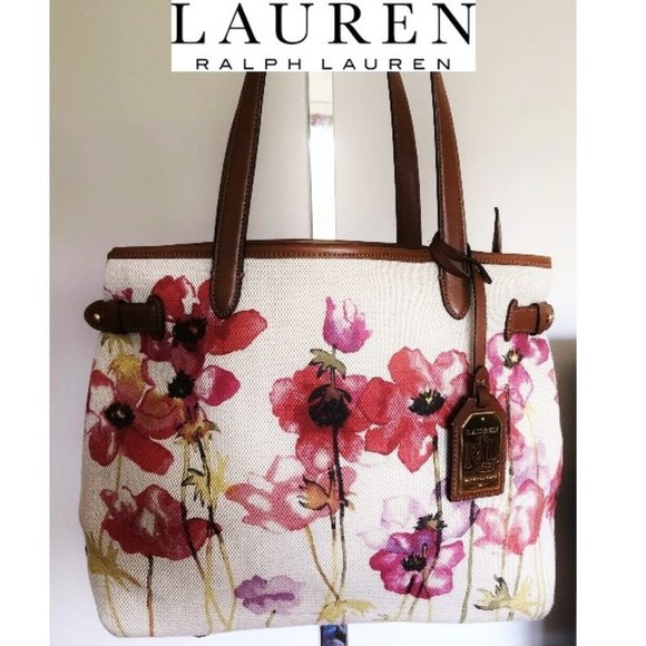 Ralph Lauren Handbags - Woven Canvas Floral Leather Tote Bag Purse